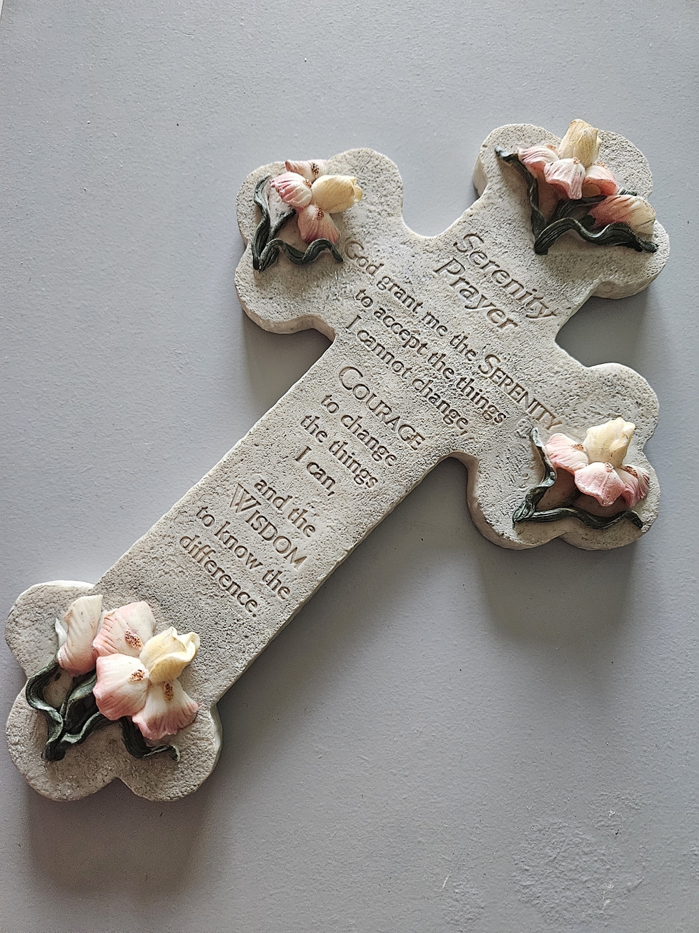 Serenity Prayer Decorative Wall Cross with Pink & Cream Flowers